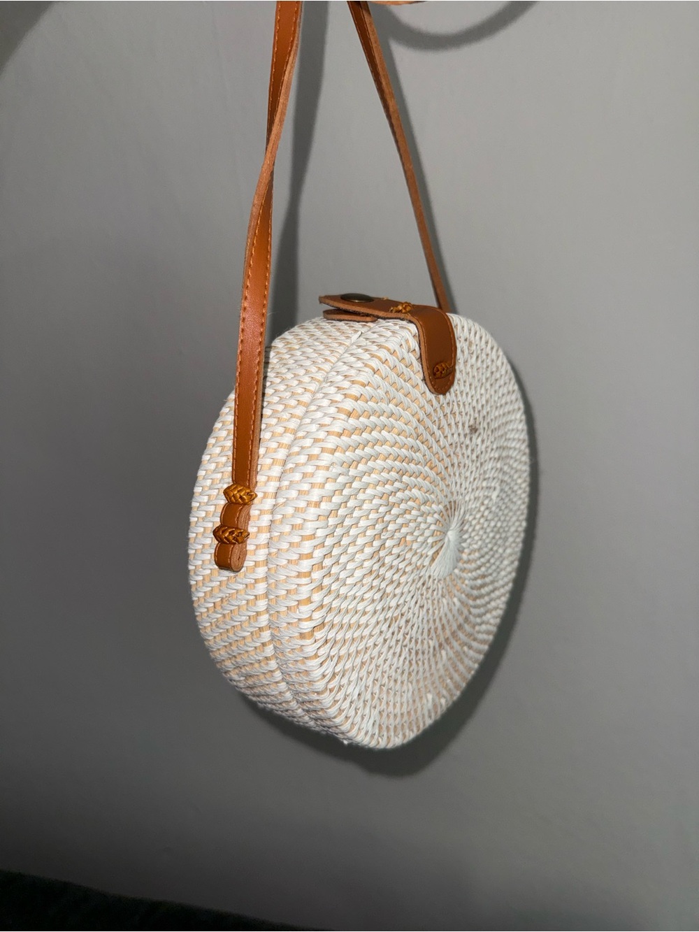 Woven Round Crossbody Bag with Tan Faux Leather Strap